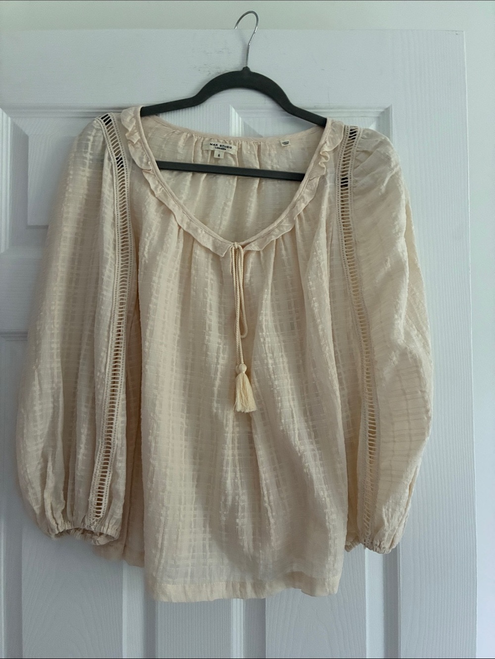 Max Studio Boho Tassel Peasant Blouse - Cream Size Small